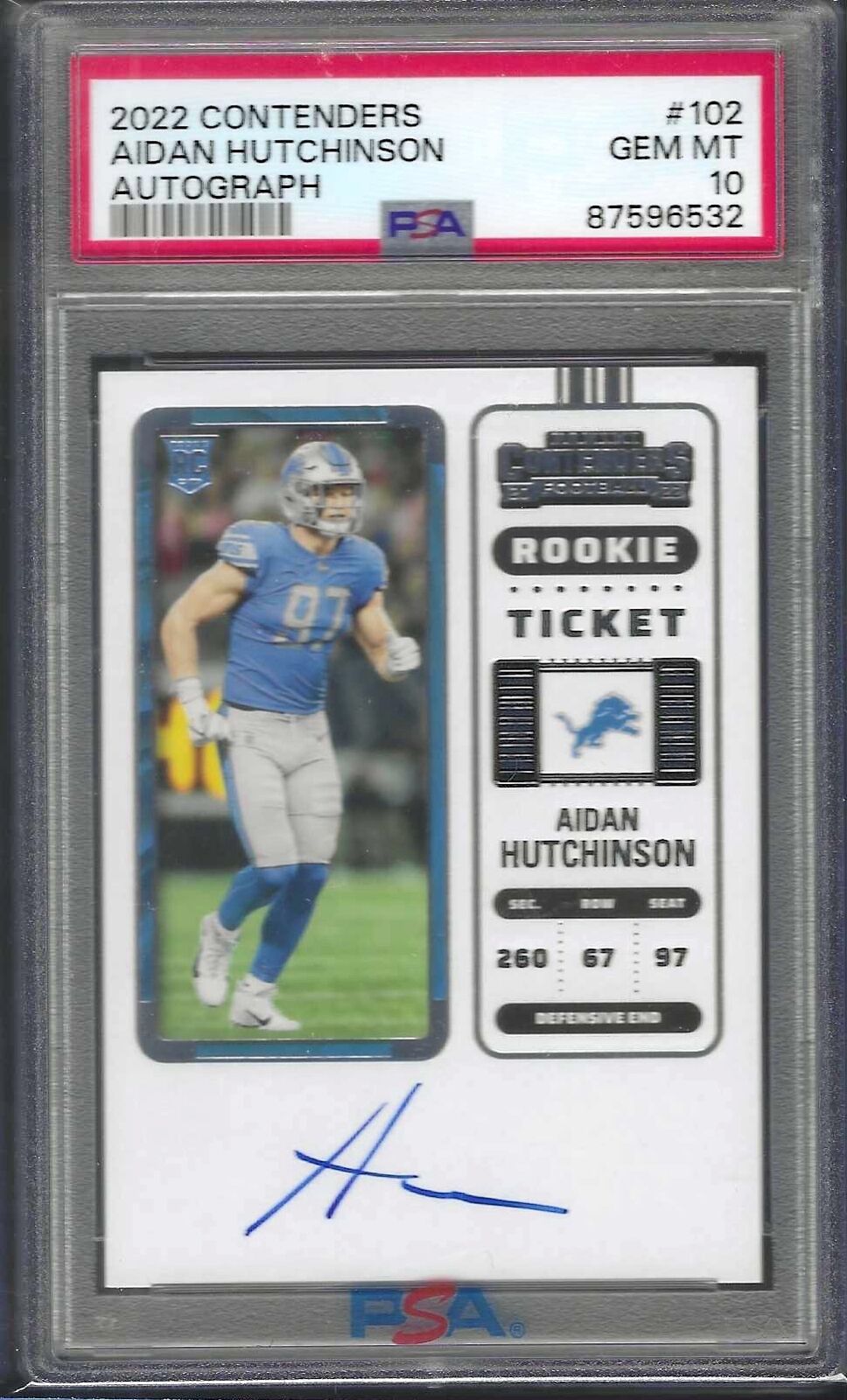 AIDAN HUTCHINSON 2022 PANINI CONTENDERS ROOKIE TICKET AUTO RC #102 PSA 10 GEM