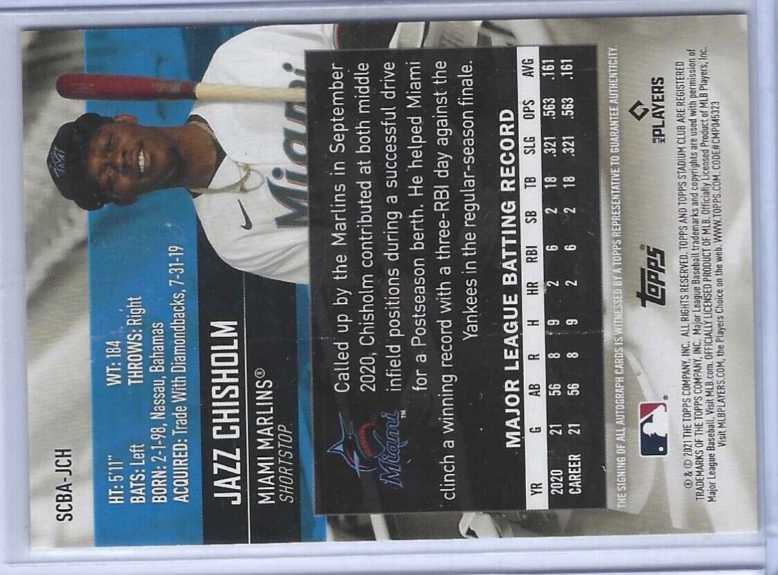 JAZZ CHISHOLM 2021 TOPPS STADIUM CLUB ROOKIE ON CARD AUTO RC #SCBA-JCH