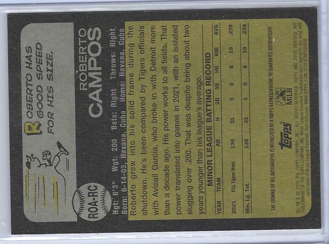 ROBERTO CAMPOS 2022 TOPPS HERITAGE MINOR LEAGUE PROSPECT REAL ONE AUTO #ROA-RC