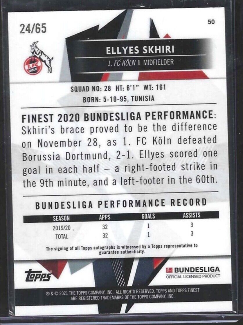 ELLYES SKHIRI 2020-21 TOPPS FINEST BLUE REFRACTOR AUTO #D 24/65