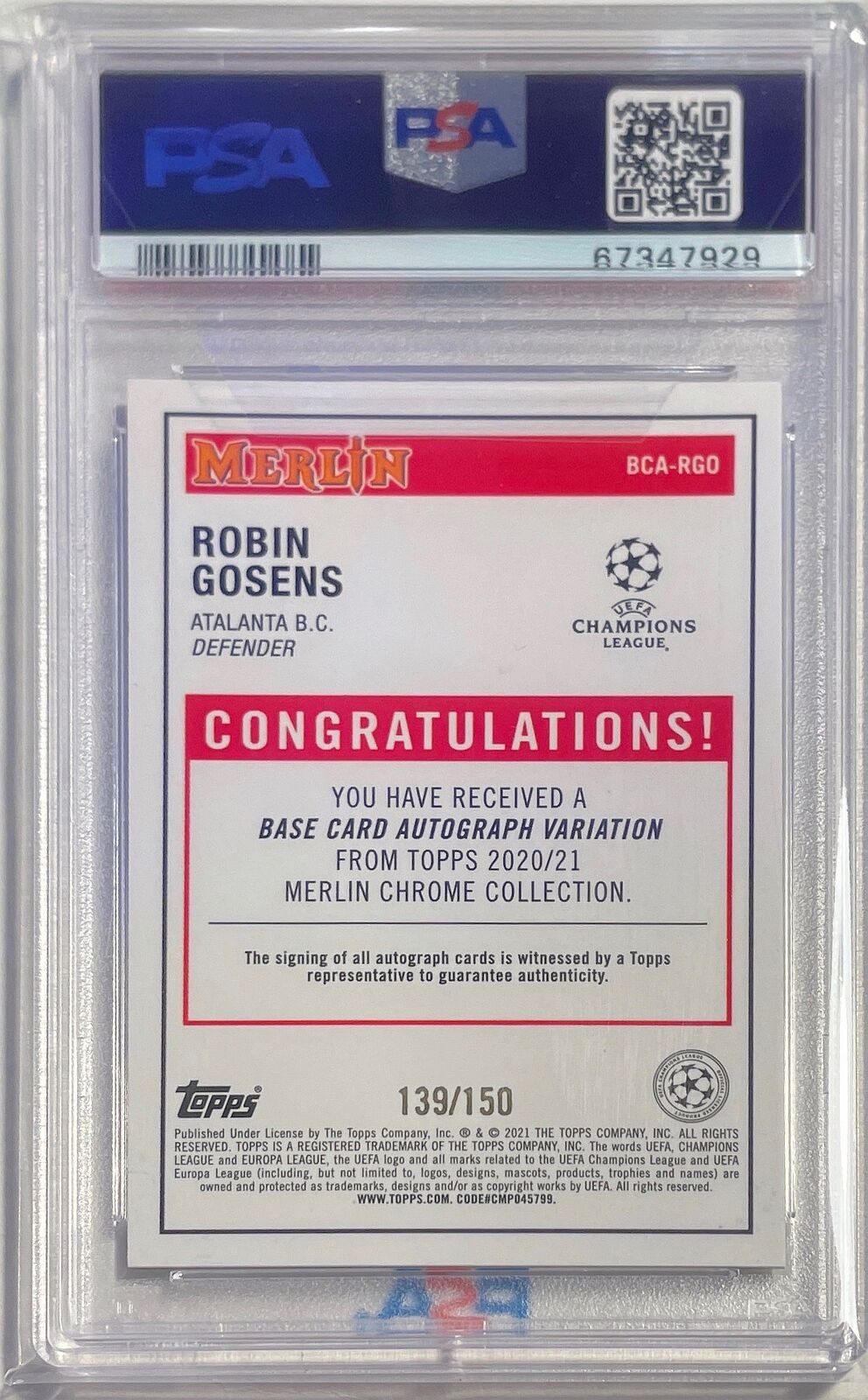 ROBIN GOSENS 2020-21 TOPPS MERLIN SPECKLE REFRACTOR AUTO /150 PSA 10 POP 1/1