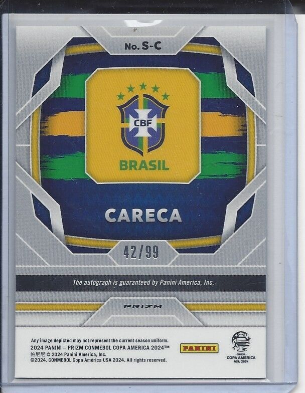 CARECA 2024 PANINI PRIZM COPA AMERICA SILVER PRIZMS BRAZIL AUTO #D 42/99