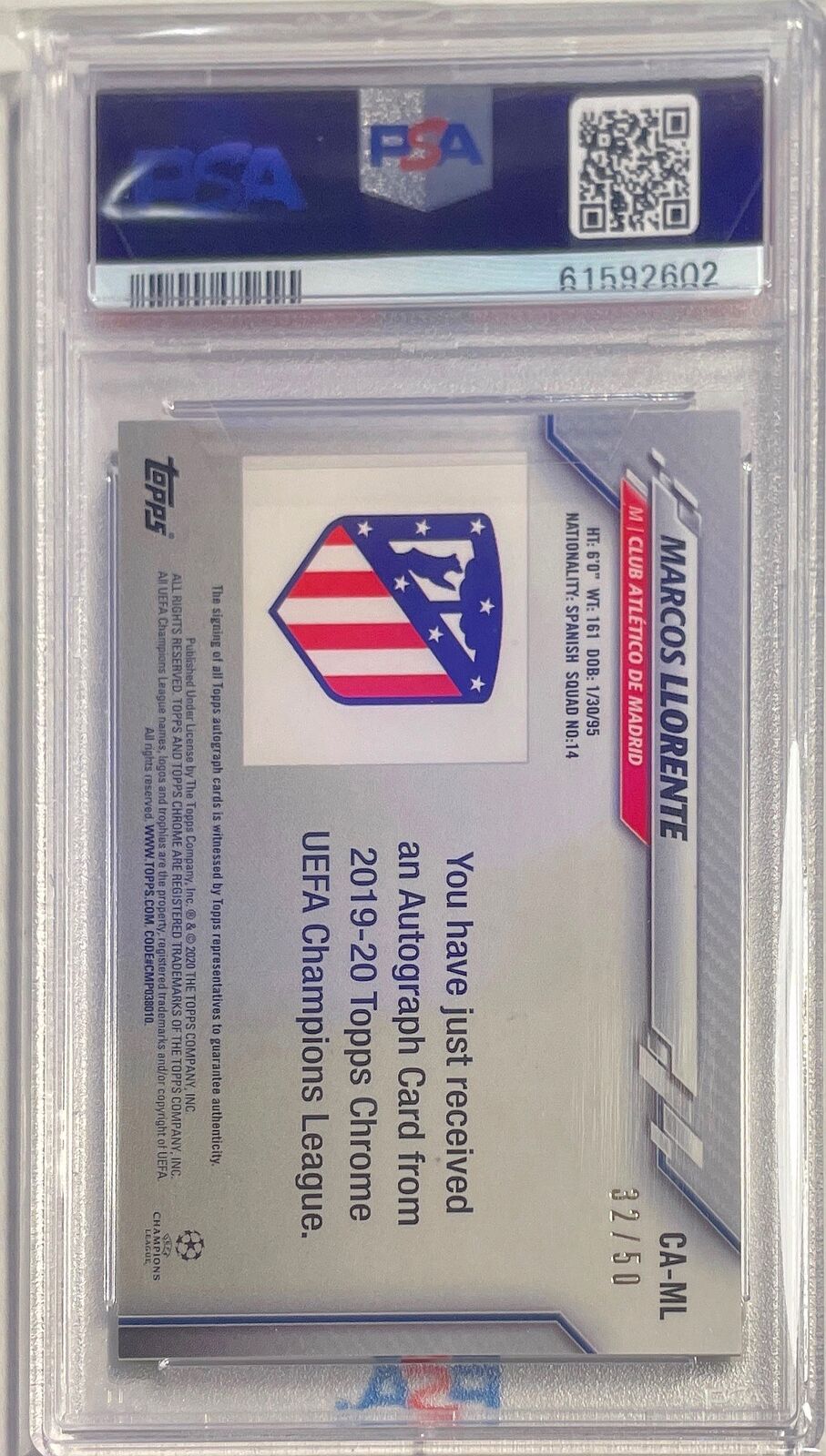 MARCUS LLORENTE 2019-20 TOPPS CHROME UCL GOLD REFRACTOR AUTO /50 PSA 10 POP 1/1