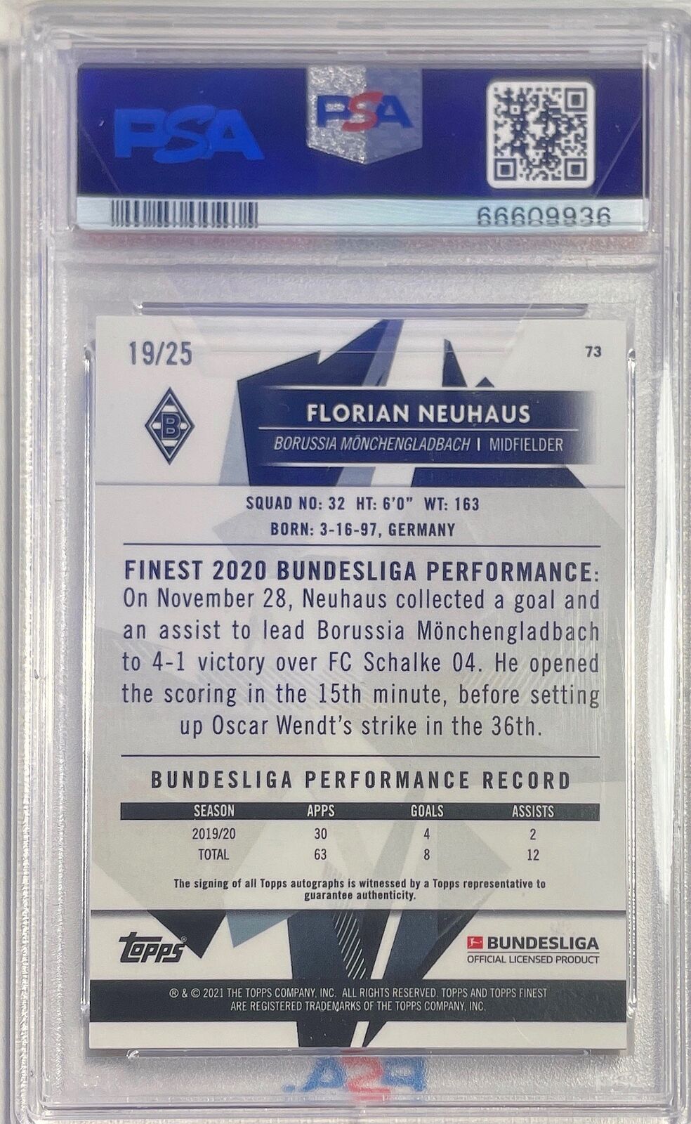 FLORIAN NEUHAUS 2020-21 FINEST BUNDESLIGA GOLD REFRACTOR AUTO /25 PSA 10 POP 1/1