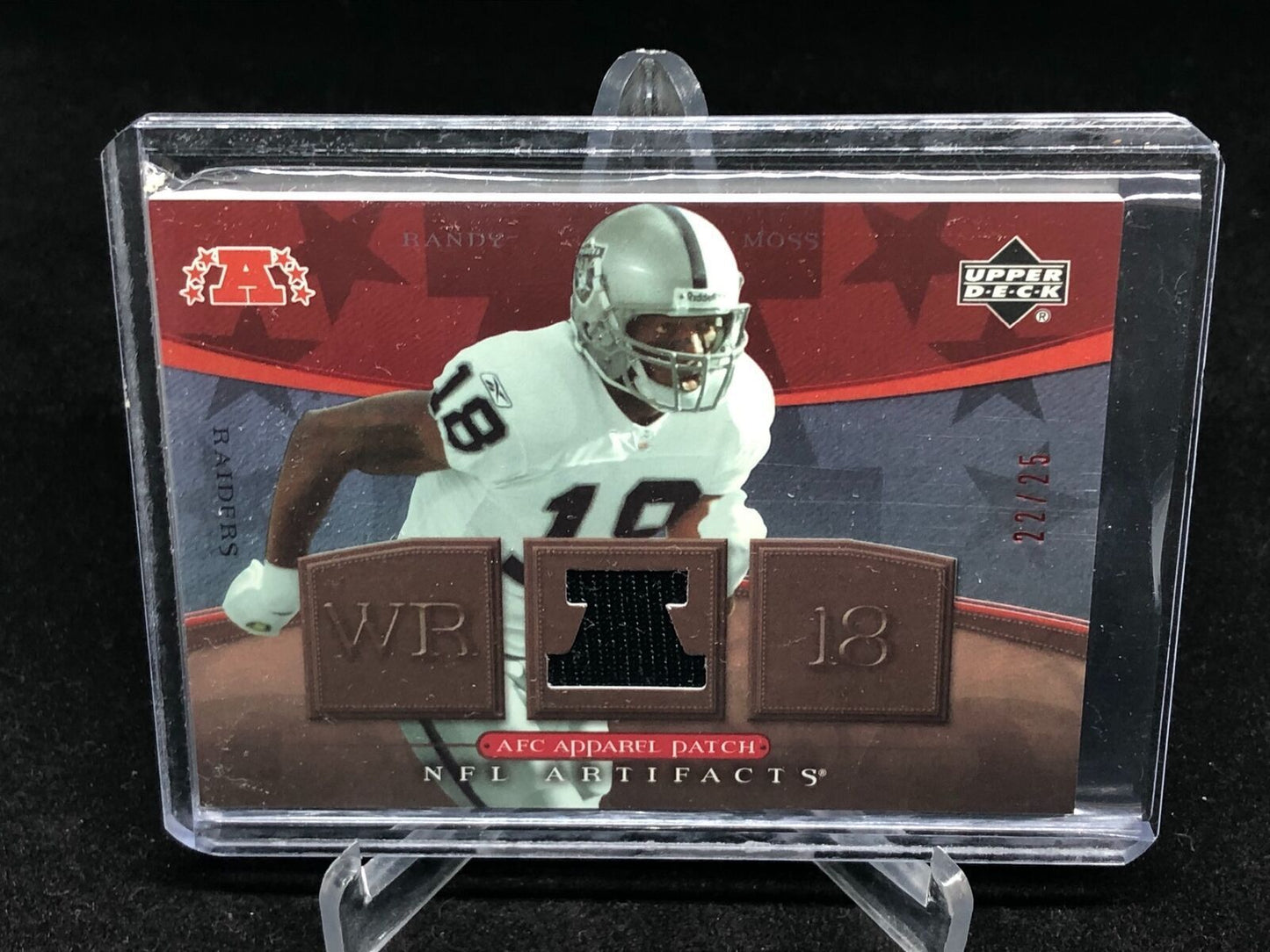 RANDY MOSS 2007 UPPER DECK ARTIFACTS RED AFC APPAREL PATCH GAME WORN #D 22/25