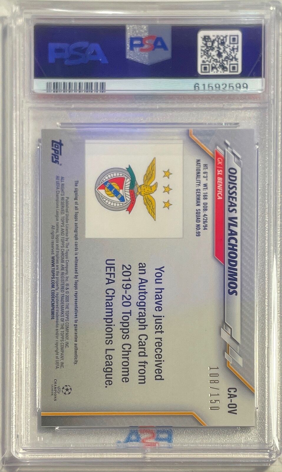 ODISSEAS VLACHODIMOS 2019 TOPPS CHROME BLUE REFRACTOR AUTO /150 PSA 10 POP 1/1