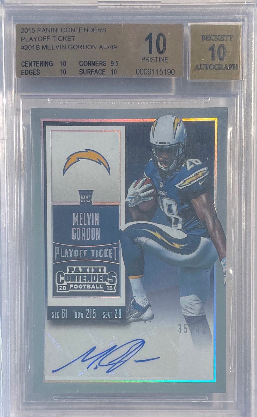 MELVIN GORDON 2015 CONTENDERS PLAYOFF TICKET AUTO ROOKIE RC /49 BGS 10 10 POP 2