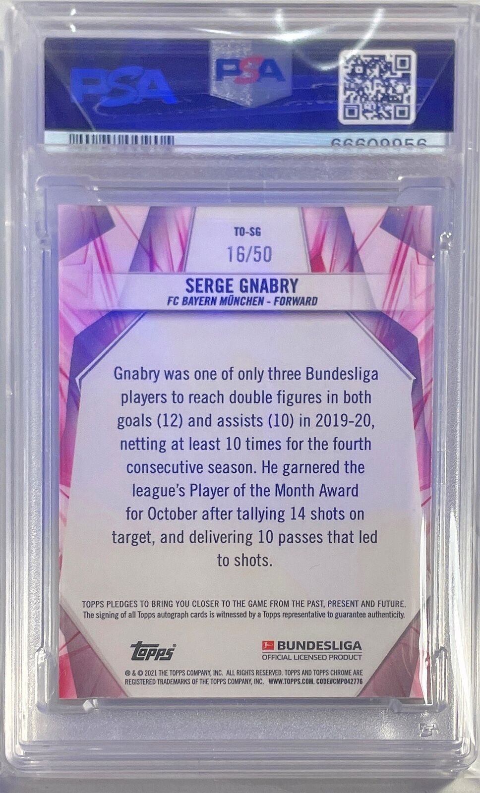SERGE GNABRY 2020-21 TOPPS CHROME BUNDESLIGA TOP XI AUTO #D 16/50 PSA 10 POP 1/1