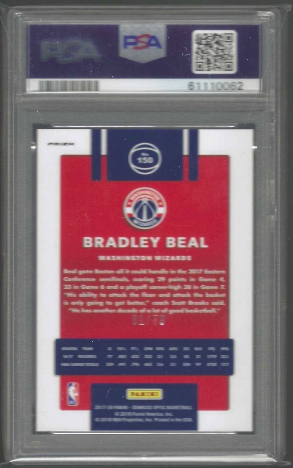 BRADLEY BEAL 2017-18 DONRUSS OPTIC PINK VELOCITY HOLO #D 1/79 PSA 10 GEM POP 2