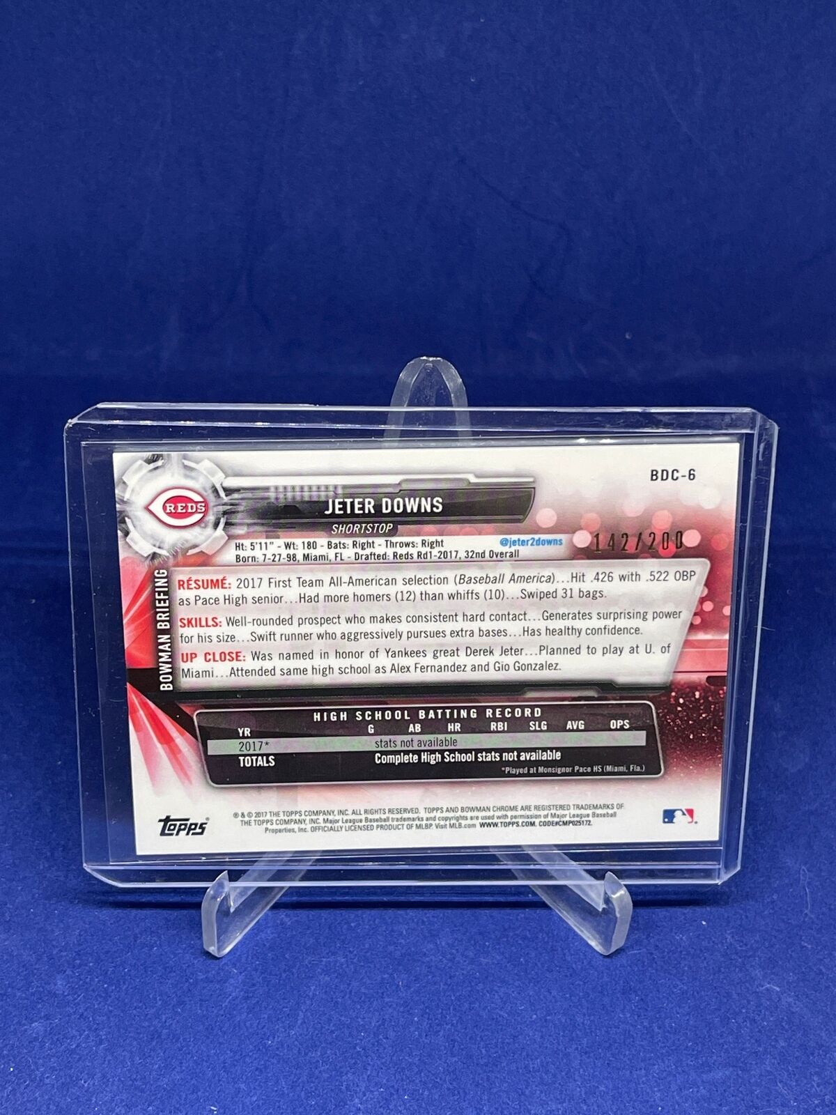 JETER DOWNS 2017 BOWMAN CHROME 1ST BOWMAN BLUE 70 REFRACTOR PROSPECT #D 142/200