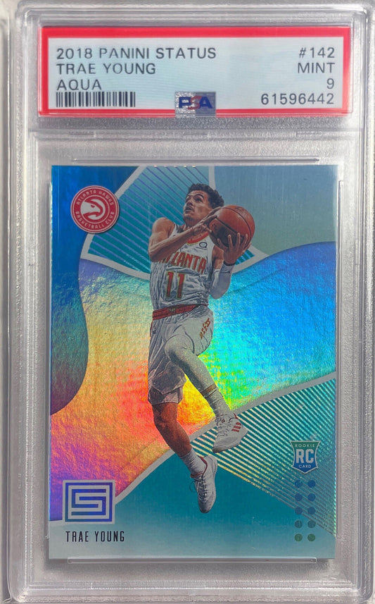 TRAE YOUNG 2018-19 PANINI STATUS AQUA ROOKIE RC #142 PSA 9 MINT