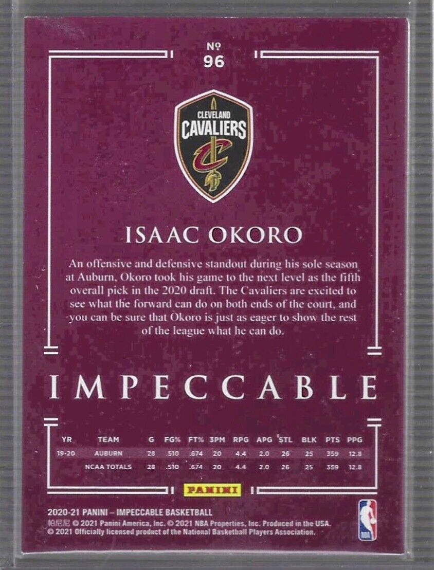 ISAAC OKORO 2020-21 PANINI IMPECCABLE TRUE ROOKIE RC #D 70/99