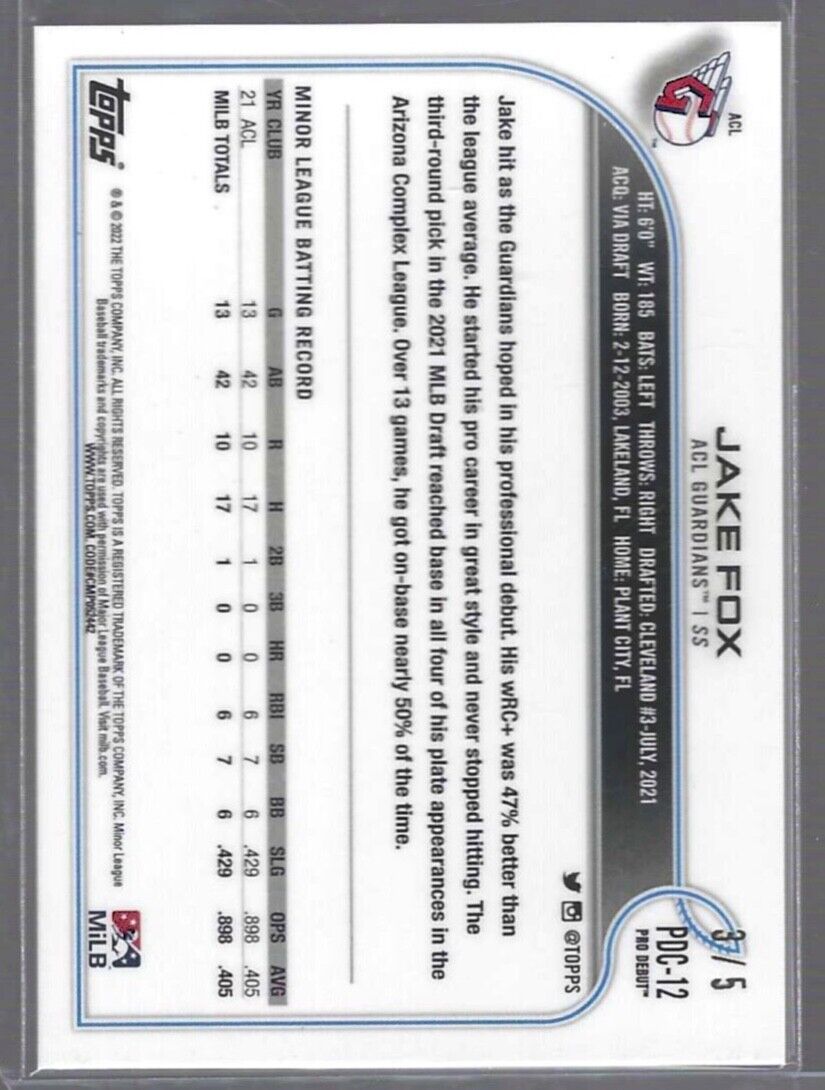JAKE FOX 2022 TOPPS CHROME PRO DEBUT RED REFRACTOR PROSPECT #D 3/5