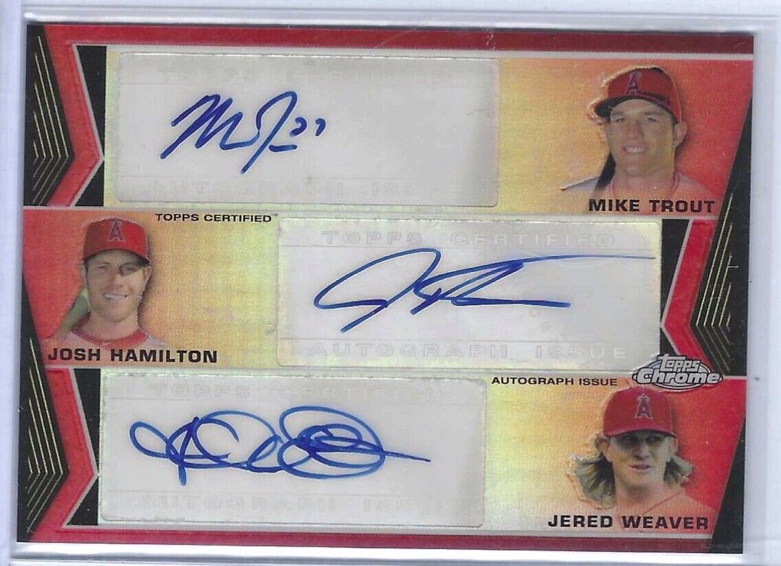 MIKE TROUT HAMILTON WEAVER 2013 TOPPS CHROME RED REFRACTOR TRIPLE AUTO #D 5/5