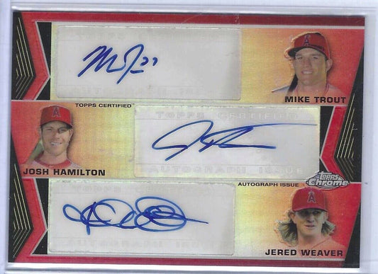 MIKE TROUT HAMILTON WEAVER 2013 TOPPS CHROME RED REFRACTOR TRIPLE AUTO #D 5/5