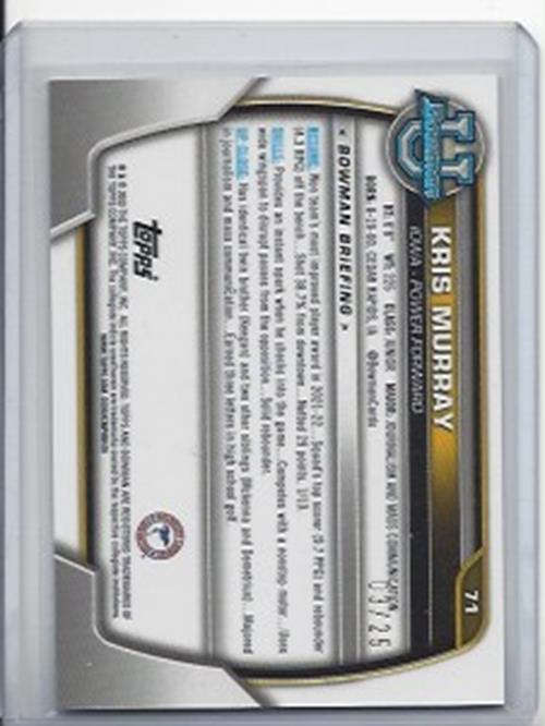 KRIS MURRAY 2023 BOWMAN CHROME UNIVERSITY ORANGE SHIMMER 1ST REFRACTOR RC #D /25