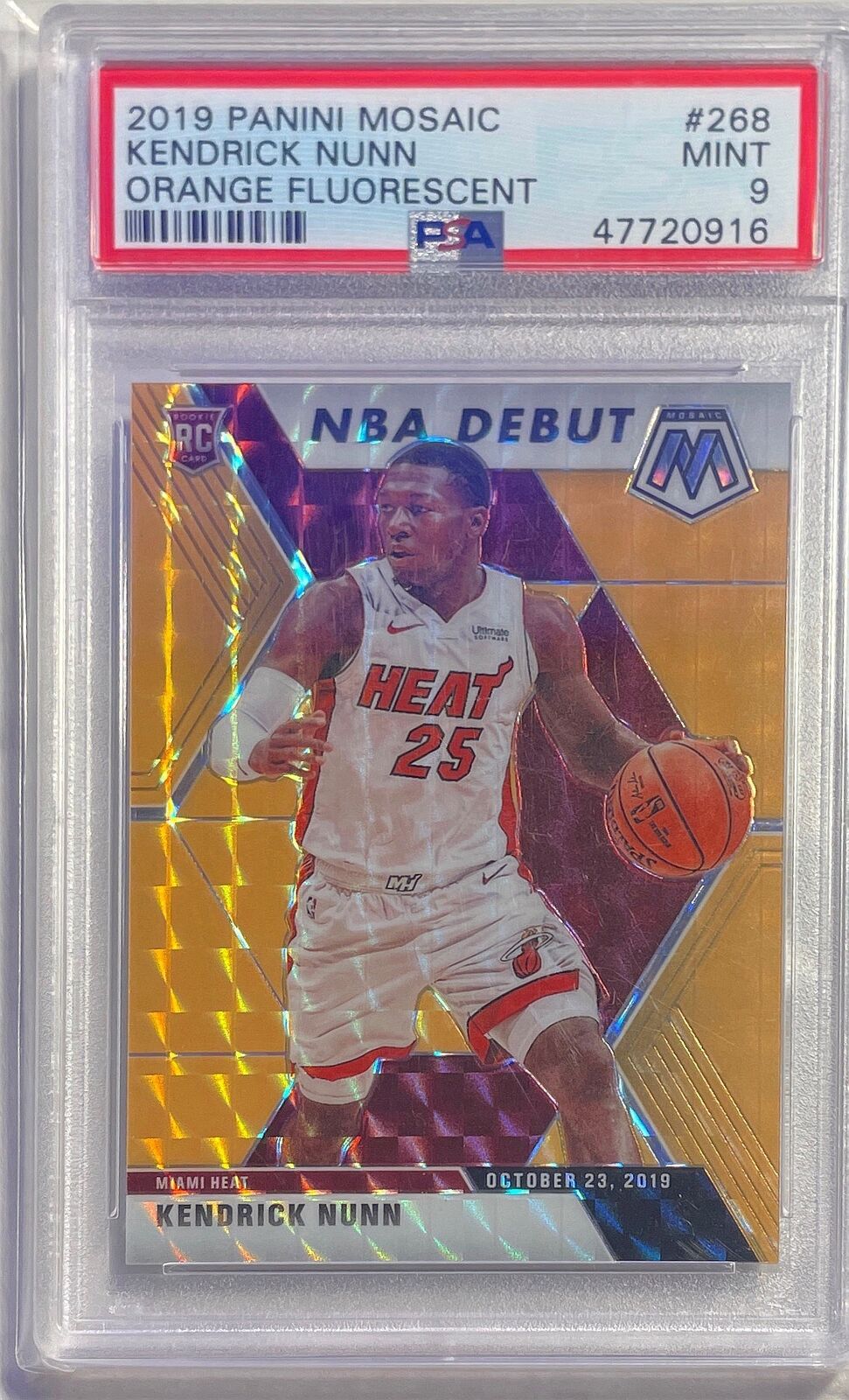 KENDRICK NUNN 2019-20 PANINI MOSAIC ORANGE FLUORESCENT PRIZM RC #D 16/25 PSA 9