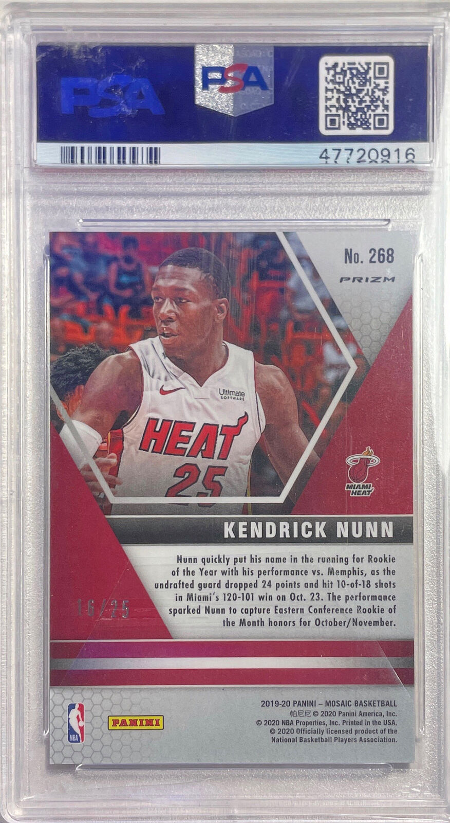 KENDRICK NUNN 2019-20 PANINI MOSAIC ORANGE FLUORESCENT PRIZM RC #D 16/25 PSA 9