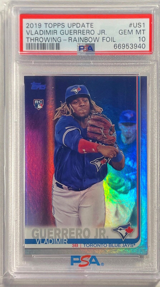 VLADIMIR GUERRERO JR. 2019 TOPPS UPDATE THROWING RAINBOW FOIL RC #US1 PSA 10