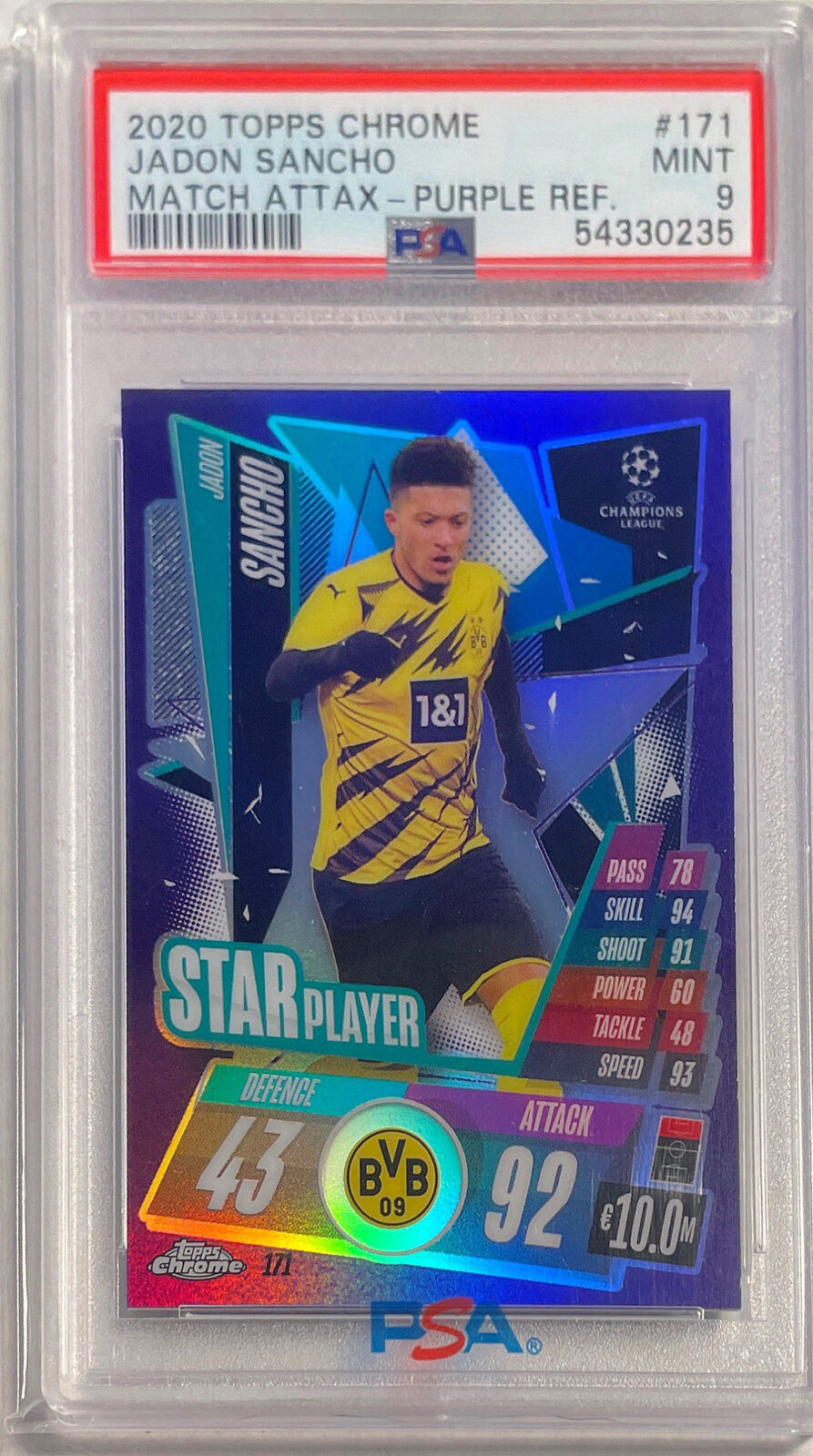 JADON SANCHO 2020-21 TOPPS CHROME MATCH ATTAX PURPLE REFRACTOR /299 PSA 9 POP 5