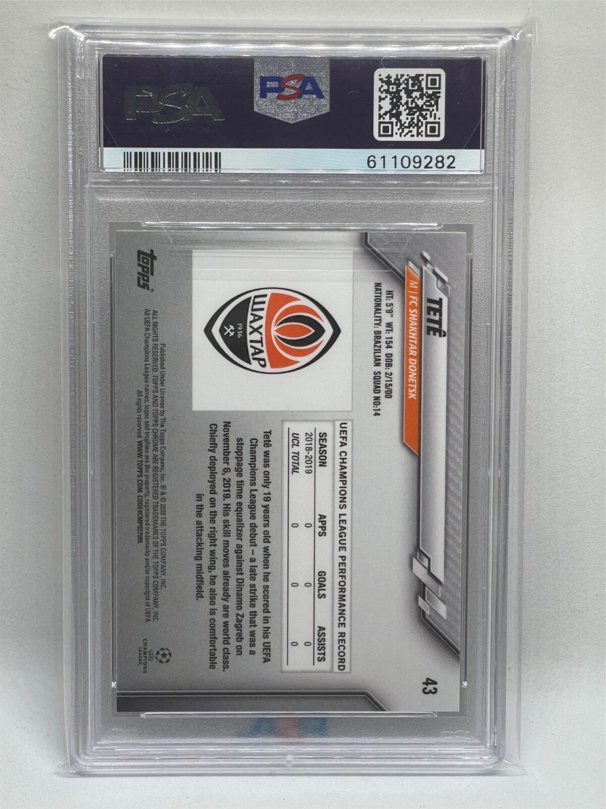 TETE 2019-20 TOPPS CHROME UEFA CHAMPIONS LEAGUE #43 ROOKIE RC PSA 10 GEM MINT