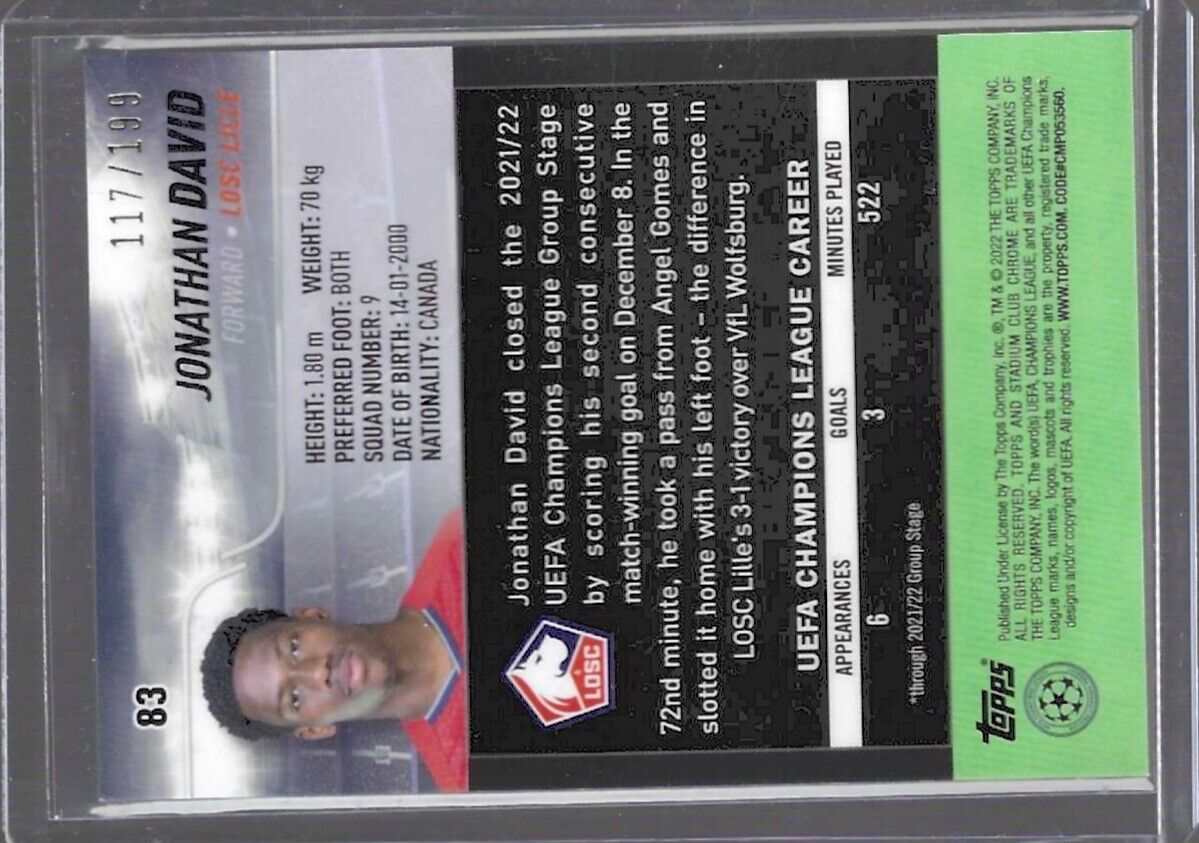 JONATHAN DAVID 2021-22 STADIUM CLUB CHROME AQUA GREEN ELECTRIC REFRACTOR RC /199