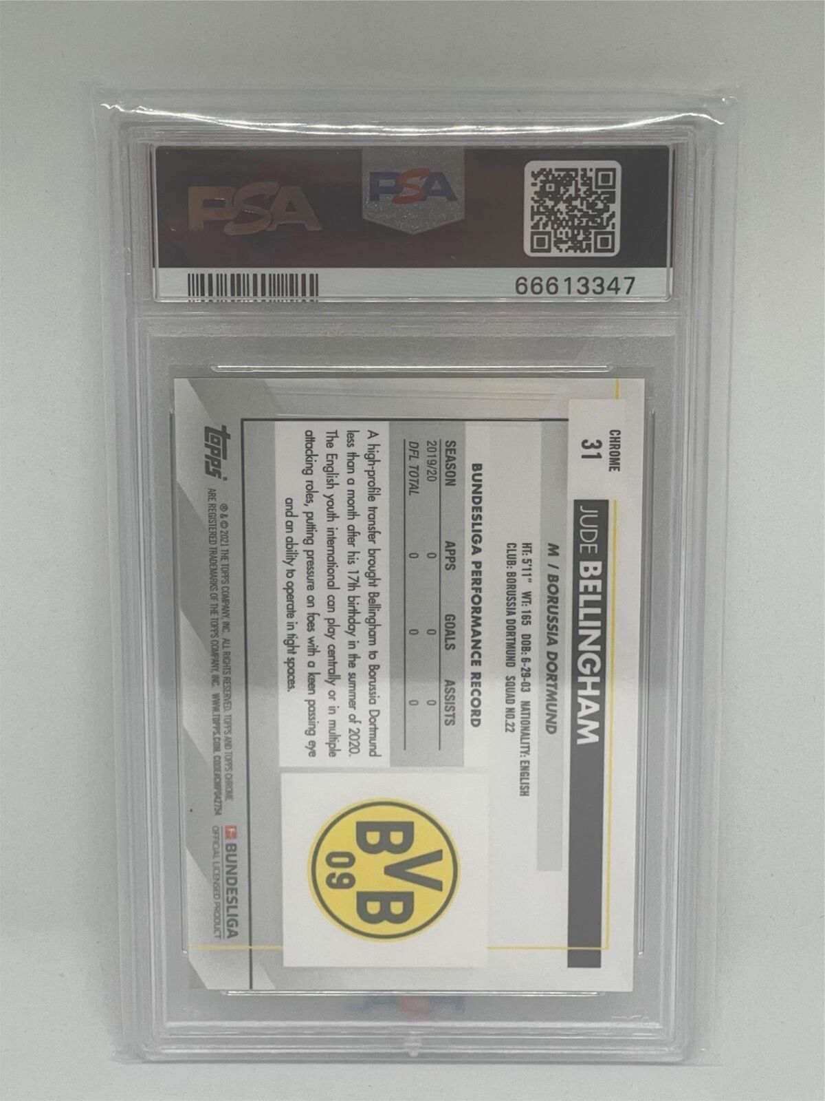 JUDE BELLINGHAM 2020-21 TOPPS CHROME BUNDESLIGA #31 ROOKIE RC PSA 10 GEM MINT
