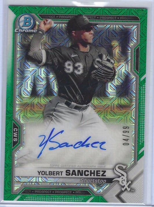 YOLBERT SANCHEZ 2021 BOWMAN CHROME GREEN MEGA REFRACTOR PROSPECT AUTO #D 04/99