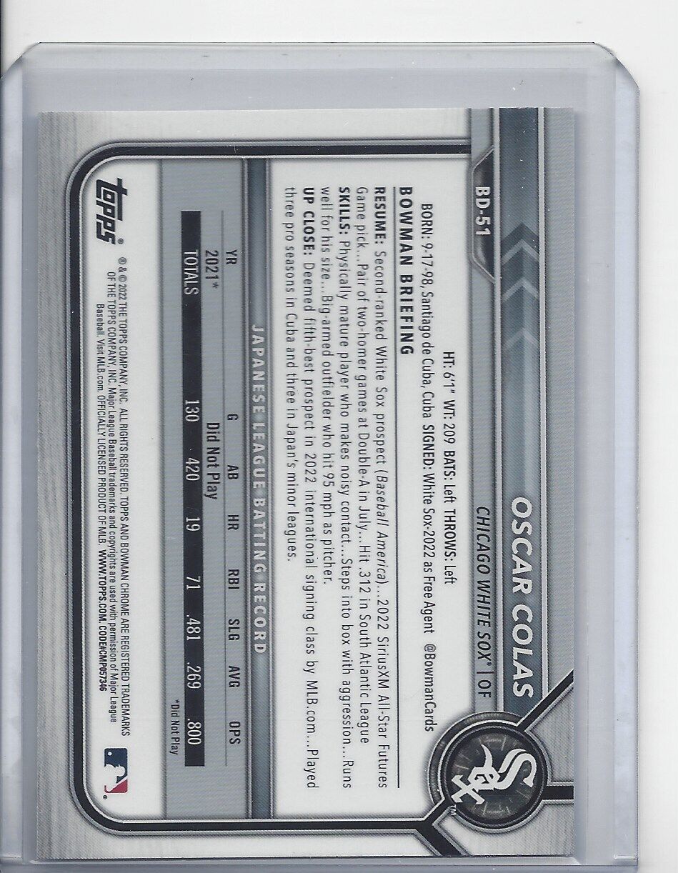 OSCAR COLAS 2022 BOWMAN DRAFT CHROME SP PHOTO VARIATION SSP SP #51