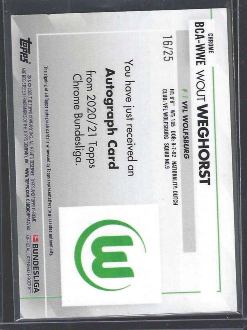 WOUT WEGHORST 2020-21 TOPPS CHROME BUNDESLIGA ORANGE REFRACTOR AUTO #D 16/25