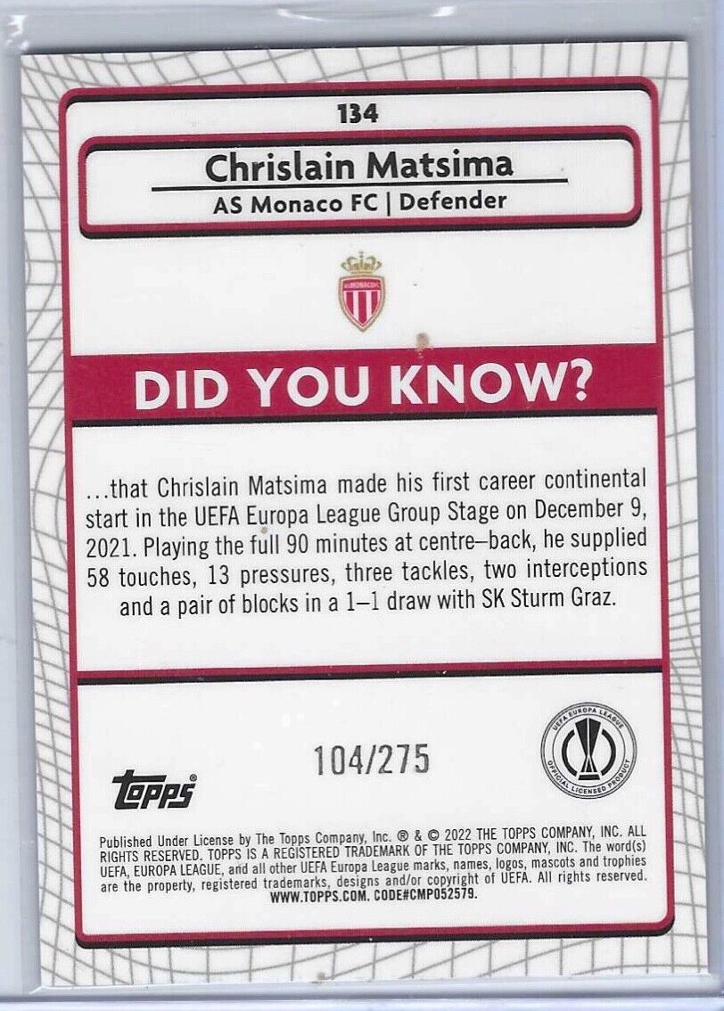 CHRISLAIN MATSIMA 2021-22 TOPPS MERLIN PINK MOJO REFRACTOR ROOKIE RC #D 104/275
