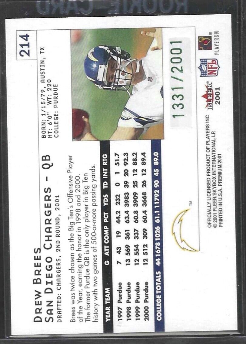 DREW BREES 2001 FLEER PREMIUM GREEN FOIL ROOKIE RC #D 1331/2001