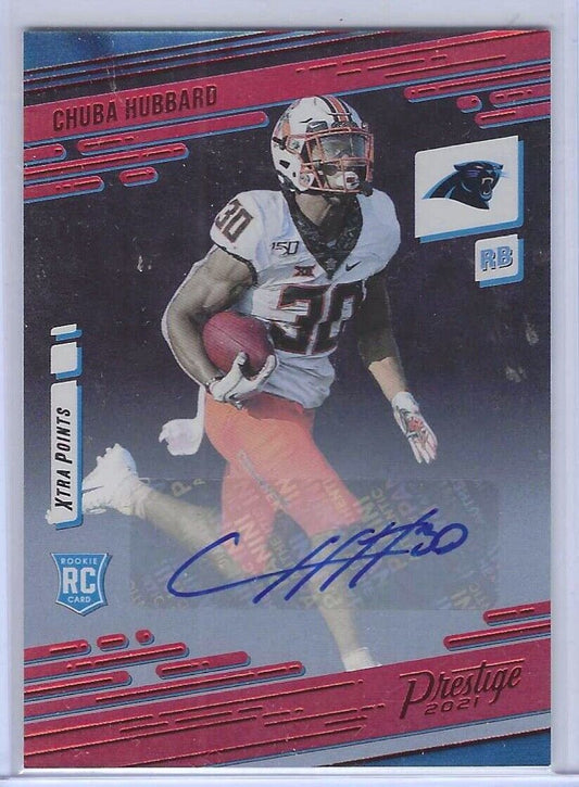 CHUBA HUBBARD 2021 PANINI PRESTIGE XTRA POINTS RED ROOKIE AUTO RC #241