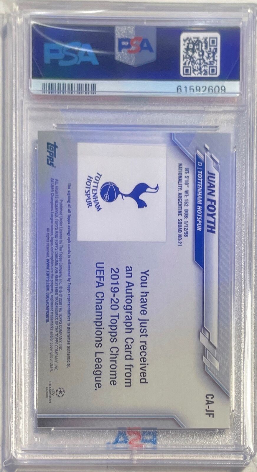 JUAN FOYTH 2019-20 TOPPS CHROME UCL REFRACTOR AUTO #JF PSA 10 GEM MINT POP 16