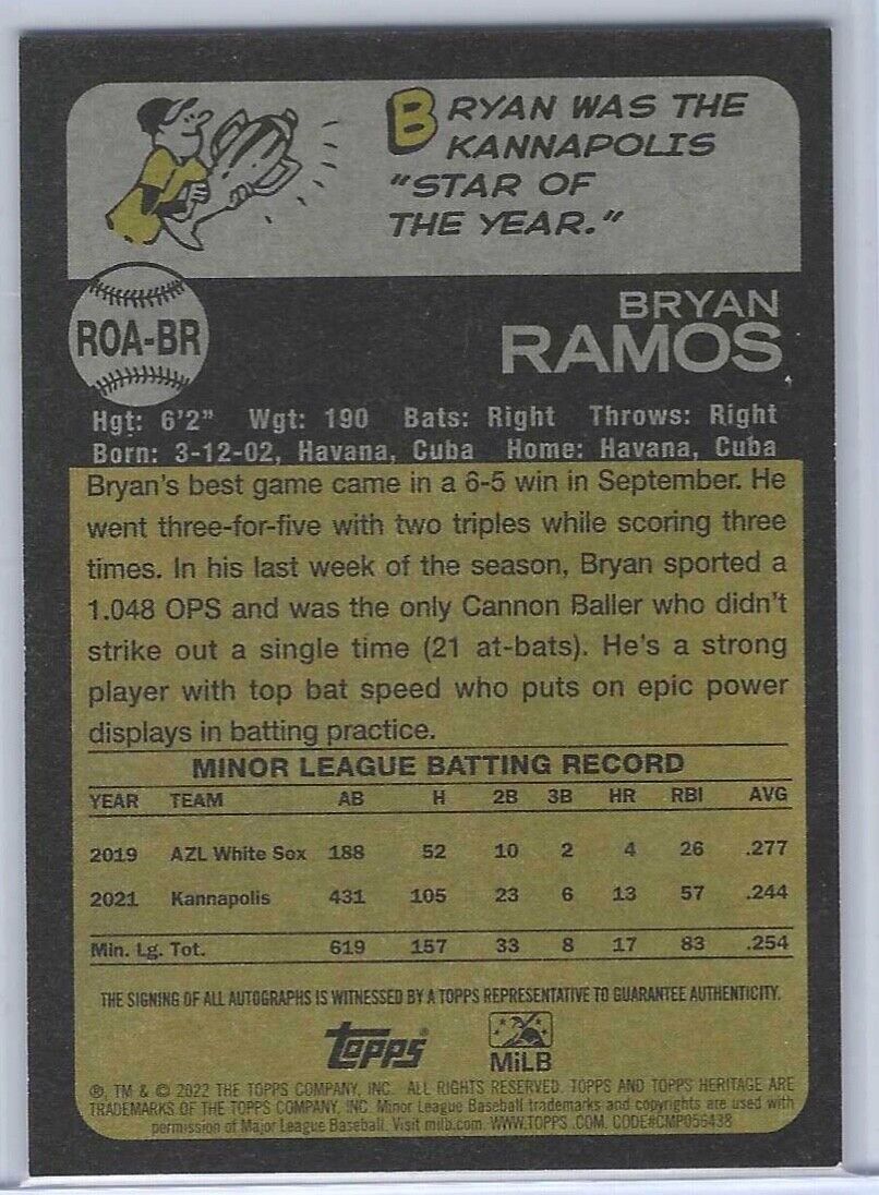 BRYAN RAMOS 2022 TOPPS HERITAGE MINOR LEAGUE PROSPECT REAL ONE AUTO #ROA-BR