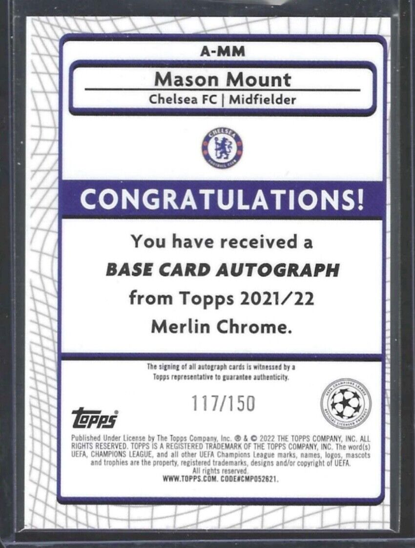 MASON MOUNT 2021-22 TOPPS MERLIN SILVER SPECKLE REFRACTOR AUTO #D 117/150