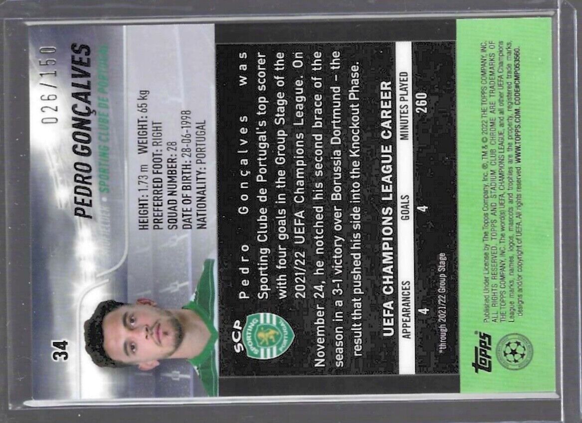 PEDRO GONCALVES 2021-22 TOPPS STADIUM CLUB CHROME GREEN REFRACTOR RC #D 026/150