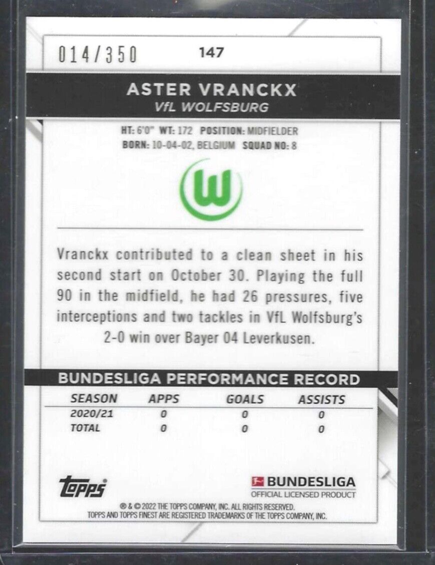 ASTER VRANCKX 2021-22 TOPPS FINEST YELLOW WAVE REFRACTOR ROOKIE RC #D 014/350