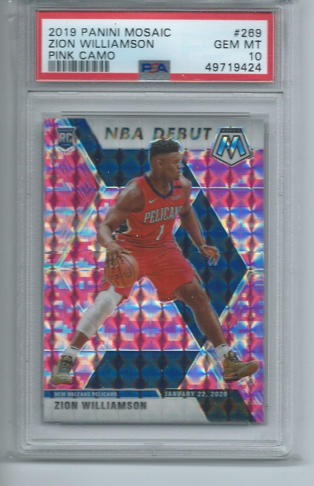 ZION WILLIAMSON 2019-20 PANINI MOSAIC PINK CAMO PRIZM RC #269 PSA 10 GEM MINT