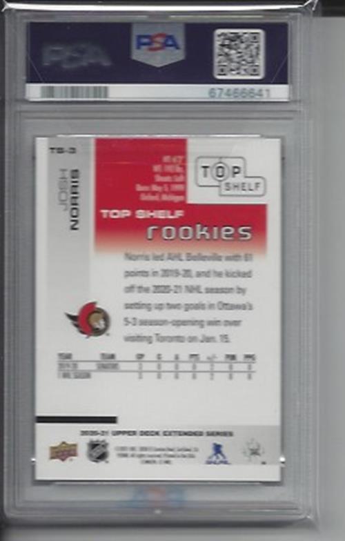 JOSH NORRIS 2020 UPPER DECK EXTENDED TOP SHELF ROOKIES RC /500 PSA 10 GEM POP 2
