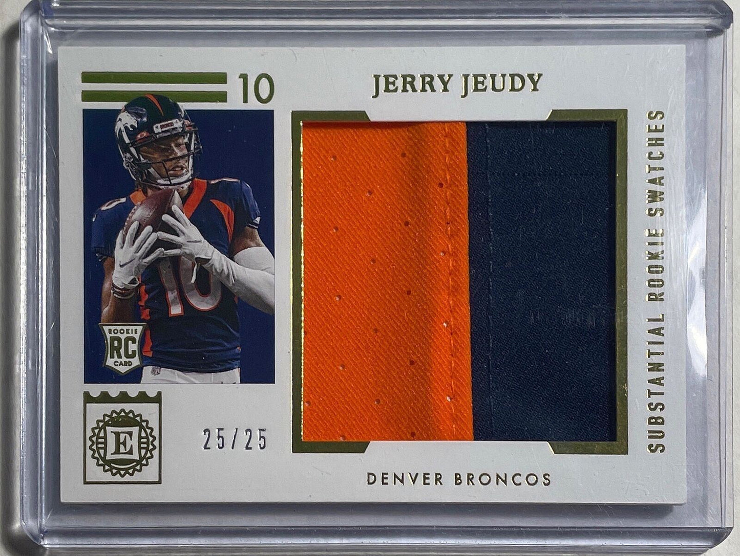 JERRY JEUDY 2020 ENCASED SUBSTANTIAL ROOKIE SWATCHES PATCH ROOKIE RC #D 25/25