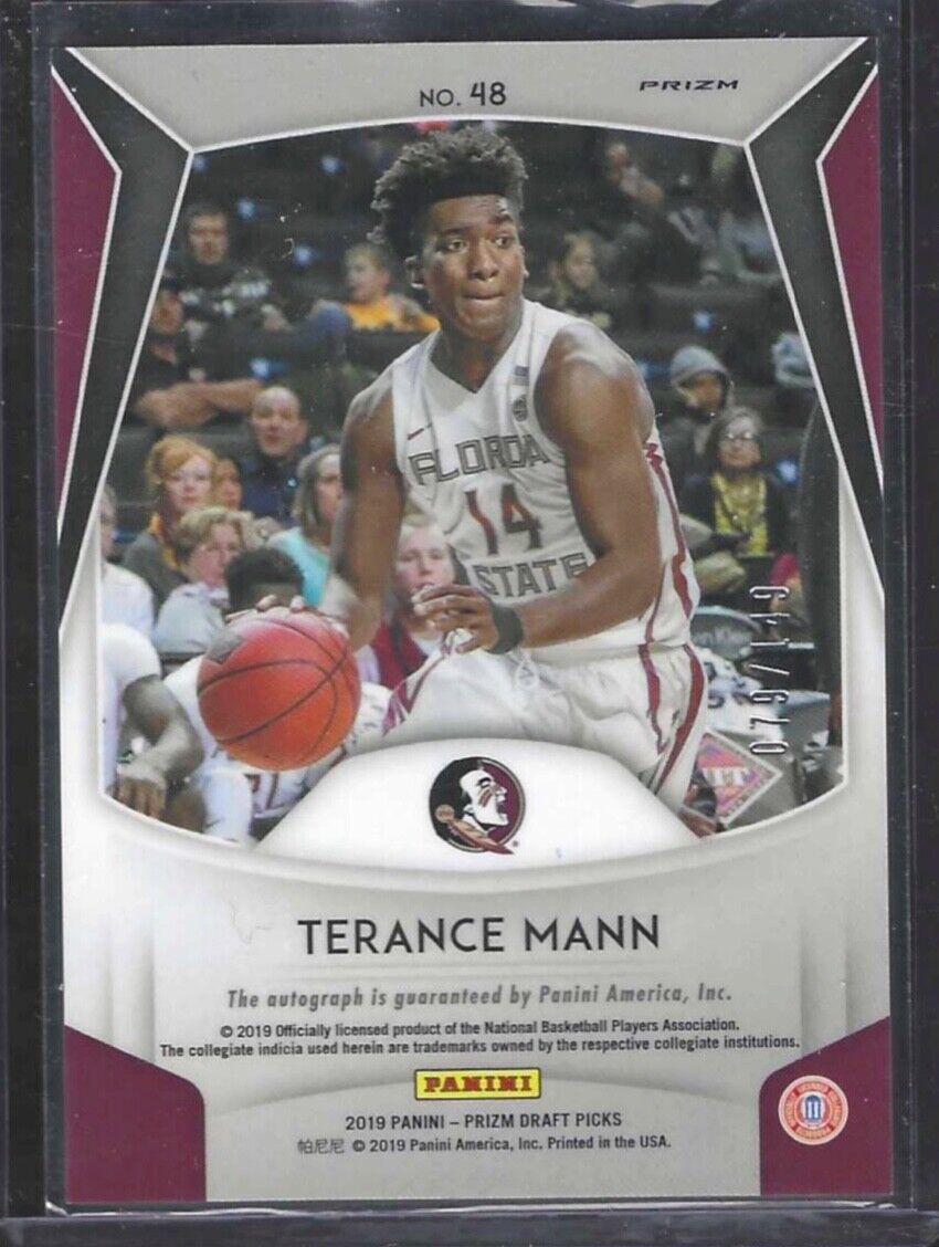 TERANCE MANN 2019-20 PANINI PRIZM GREEN PURPLE PRIZMS ROOKIE AUTO RC #D 079/149