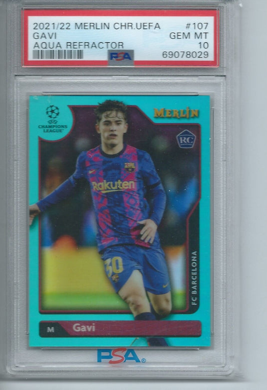 GAVI 2021-22 MERLIN CHROME UEFA AQUA REFRACTOR RC #D 123/199 PSA 10 GEM POP 9
