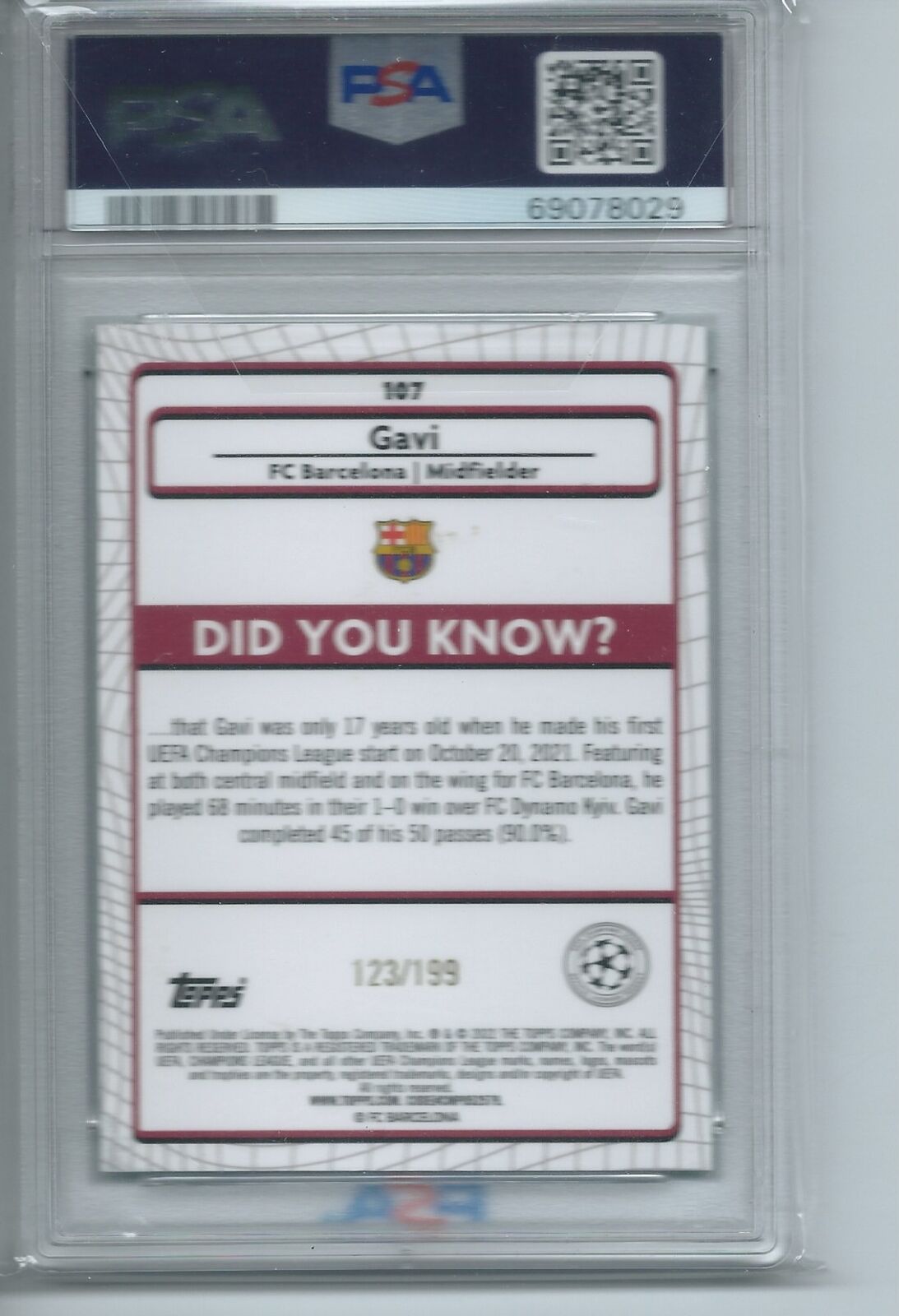 GAVI 2021-22 MERLIN CHROME UEFA AQUA REFRACTOR RC #D 123/199 PSA 10 GEM POP 9