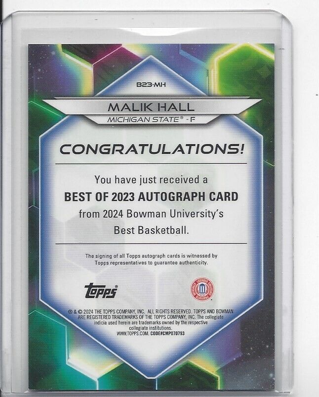 MALIK HALL 2023 BOWMAN'S BEST UNIVERSITY GOLD GEOMETRIC REFRACTOR AUTO #D 29/50