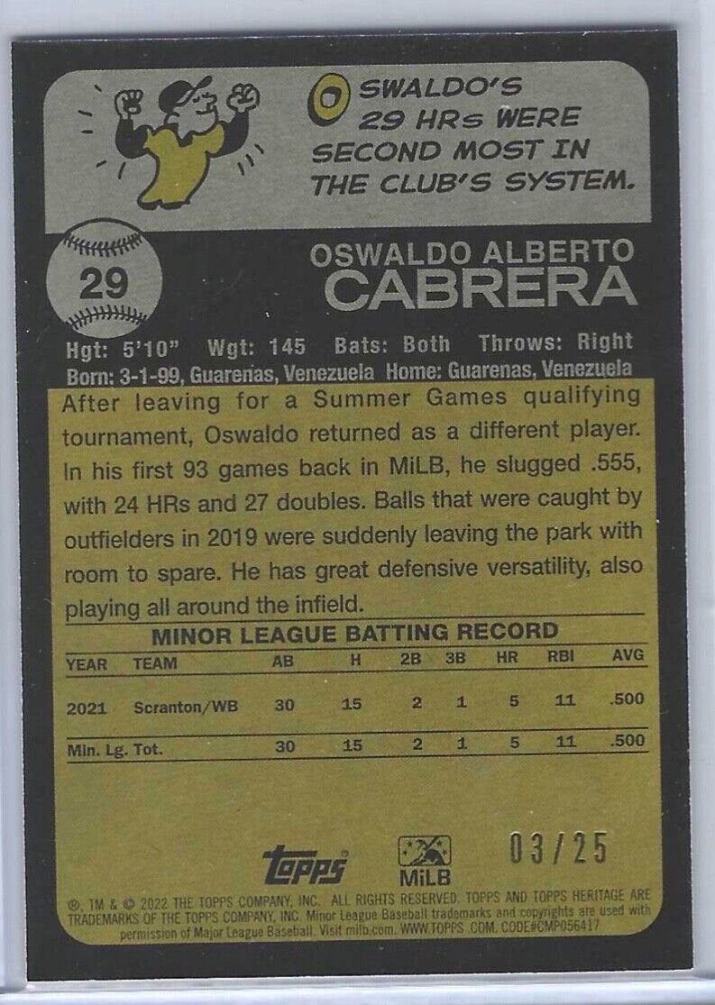 OSWALDO CABRERA 2022 TOPPS HERITAGE MINOR LEAGUE FLIP STOCK PROSPECT #D 03/25