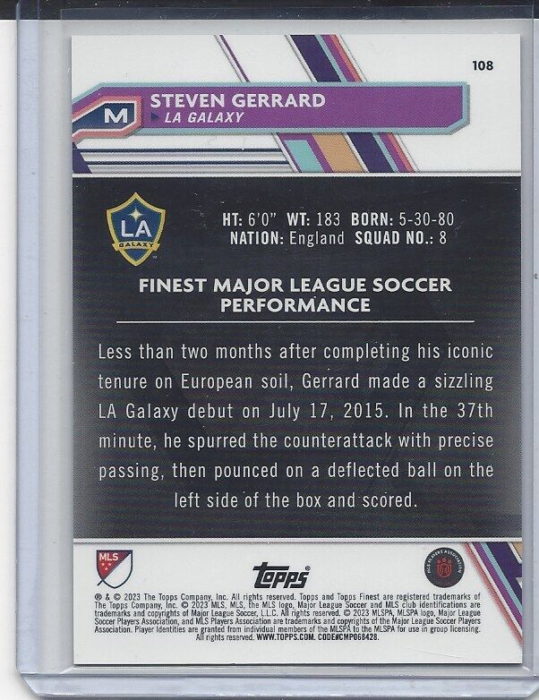 STEVEN GERRARD 2023 TOPPS FINEST MLS GALAXY SUPERFRACTOR TRUE #D 1/1