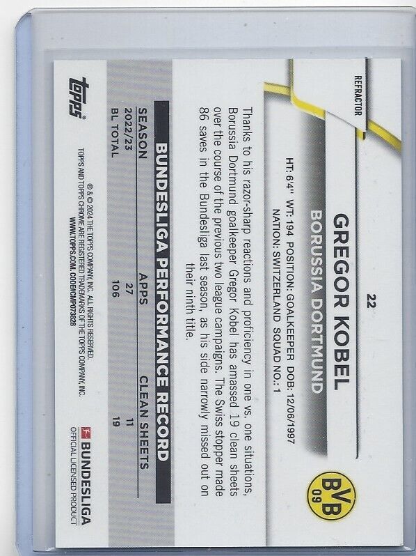 1/1 GREGOR KOBEL 2023-24 TOPPS CHROME BUNDESLIG AQUA BUBBLE REFRACTOR 1/275 JSY#