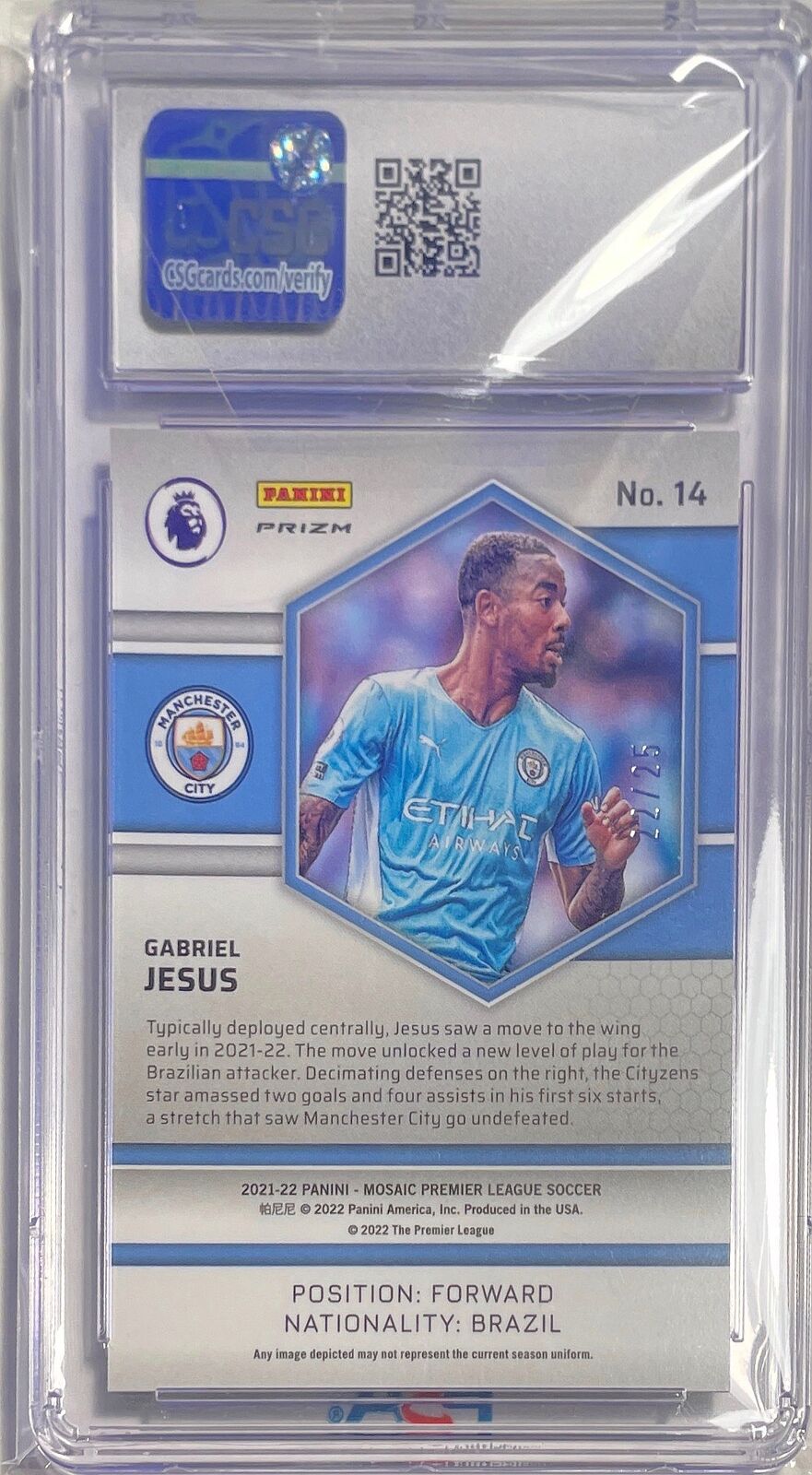 GABRIEL JESUS 2021-22 PANINI MOSAIC EPL PINK PRIZM #D 22/25 CSG 9 MINT POP 1/1