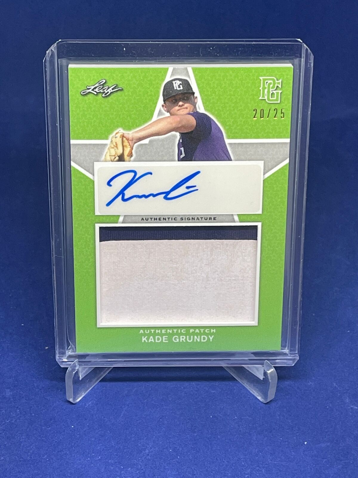 KADE GRUNDY 2020 LEAF PERFECT GAME GREEN PATCH AUTO PROSPECT #D 20/25